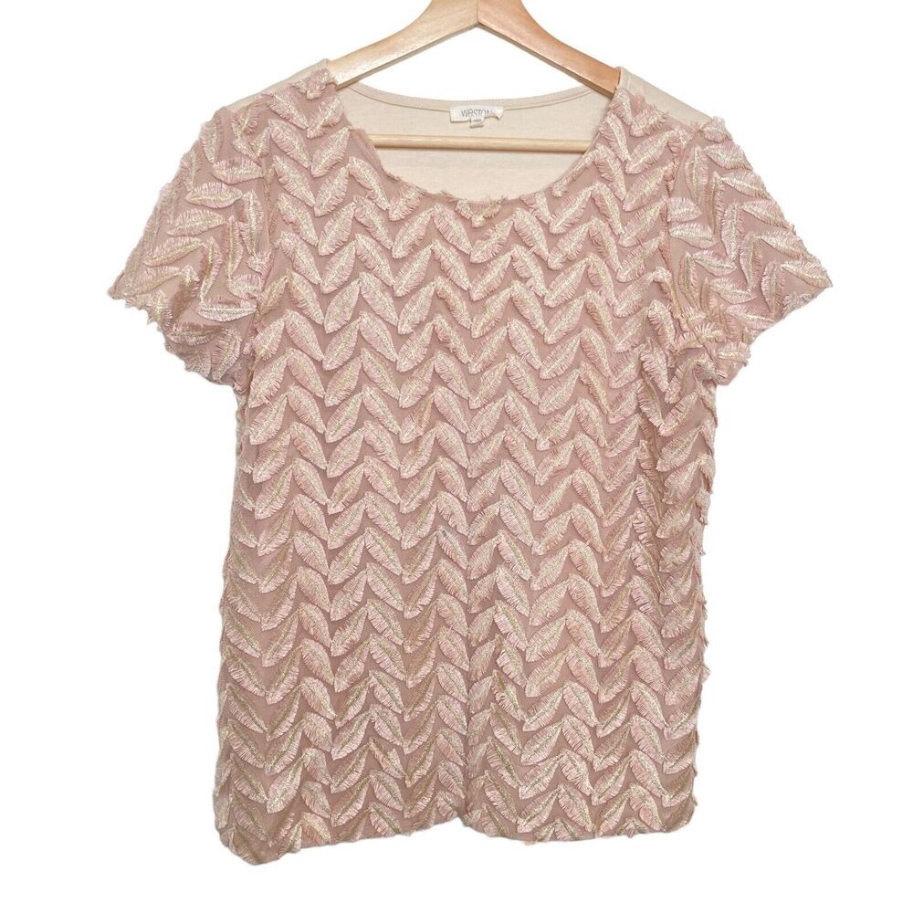 Anthropologie Weston Blush Pink Plume Point Embroidered Feathered Top Size Large
